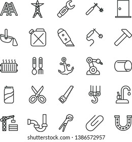 thin line vector icon set - scissors vector, iron fork spoons, tower crane, winch hook, adjustable wrench, arm saw, ladder, sewerage, ntrance door, knife, kitchen faucet, hammer, anchor, clip, pipe