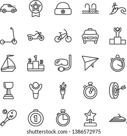 thin line vector icon set - child Kick scooter vector, warm hat, timer, car, pedestal, retro, stopwatch, flame torch, winner, podium, gold cup, star reward, purpose, first place medal, sail boat
