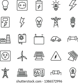 thin line vector icon set - lightning vector, bulb, power socket type f, dangers, charging battery, windmill, accumulator, hydroelectric station, line, pole, thermal plant, energy saving, light