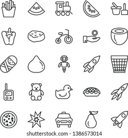 thin line vector icon set - wicker pot vector, baby duckling, tumbler, toy phone, sand set, small teddy bear, train, child bicycle, car, pizza, apple pie, piece of meat, peper, French fries, fig