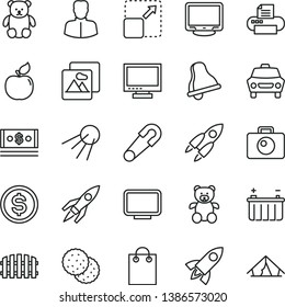 thin line vector icon set - bell vector, monitor, safety pin, teddy bear, small, fence, picture, camera, car, artificial satellite, expand, biscuit, apricot, battery, woman, dollar, cash, bag, tent