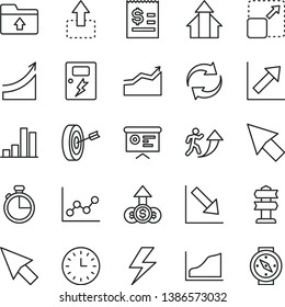 thin line vector icon set - lightning vector, renewal, graph, growth chart, negative, upload folder, dangers, timer, expand picture, move up, bar, article on the dollar, wall watch, financial report