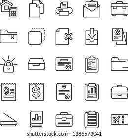 thin line vector icon set - clean paper vector, folder, download archive data, bookmark, portfolio, suitcase, estimate, received letter, drawer, delete page, survey, copy, briefcase, financial item