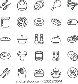 thin line vector icon set - baby bib vector, plastic fork spoons, iron, sausage, loaf, tin, pizza, mushroom, cake with a hole, bowl of rice porridge, in saucepan, lettuce plate, chicken leg, bacon
