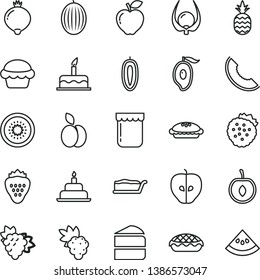 thin line vector icon set - cake vector, birthday, piece of, slice, pie, apple, jam, strawberry, strawberries, a pineapple, grape, branch, red, tasty, medlar, melon, half mango, cherry, kiwi, water