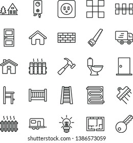 thin line vector icon set - house vector, baby cot, a chair for feeding, brickwork, arm saw, stepladder, toilet, lay out of flat, power socket type b, ntrance door, interroom, tile, ceramic tiles