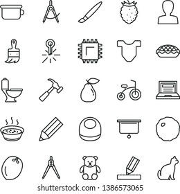 thin line vector icon set - tassel vector, laptop, woman, baby bib, Child T shirt, children's potty, small teddy bear, bicycle, wooden paint brush, toilet, drawing, hammer with claw, apple pie, pear