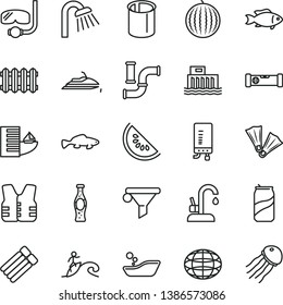 thin line vector icon set - children's bathroom vector, shower, construction level, new radiator, kitchen faucet, electronic boiler, small fish, soda can, bottle of, water melon, slice, pipes, globe