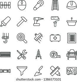 thin line vector icon set - paint roller vector, zoom, new abacus, safety pin, bag of a paramedic, winch hook, building trowel, concrete mixer, small tools, cordless drill, long meashuring tape, pan