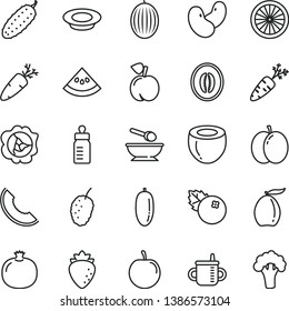 thin line vector icon set - mug for feeding vector, bottle, deep plate with a spoon, of milk, cucumber, carrot, blueberries, peach, apple, pomegranate, squash, raspberry, tasty mulberry, melon, half