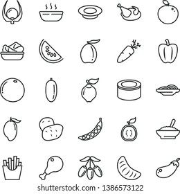 thin line vector icon set - canned goods vector, slices of onion, a bowl buckwheat porridge, hot, lettuce in plate, milk, chicken, leg, carrot, French fries, quince, slice water melon, mango, loquat