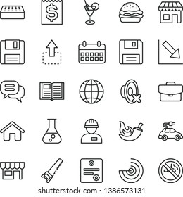 thin line vector icon set - silent mode vector, negative chart, house, workman, hand saw, brick, book, earth, suitcase, kiosk, move up, burger, chili, electric car, financial item, calendar, floppy