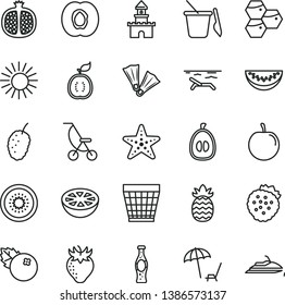 thin line vector icon set - wicker pot vector, summer stroller, children's sand set, bottle of soda, blueberries, strawberries, honeycombs, half apricot, pomegranate, strawberry, tasty mulberry, sun