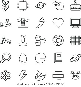 thin line vector icon set - lightning vector, monitor window, minus, pie chart, heart, drop, move left, torte, honeycombs, hot pepper, beet, weaving, lighthouse, catch a coin, cpu, network, joystick