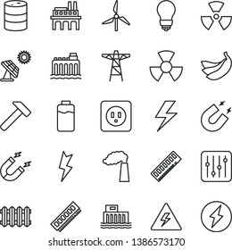 thin line vector icon set - lightning vector, danger of electricity, bulb, power socket type b, new radiator, hammer, regulator, bananas, charge level, big solar panel, windmill, manufacture, barrel