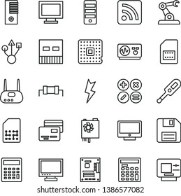 thin line vector icon set - floppy disk vector, monitor, window, calculator, rss feed, electronic thermometer e, lightning, screen, cards, math actions, processor, assembly robot, SIM card, engineer