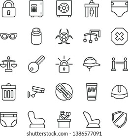 thin line vector icon set - mark of injury vector, spectacles, scales, toys over the cot, diaper, nappy, powder, Baby chair, car child seat, construction helmet, dust bin, lock, strongbox, glasses