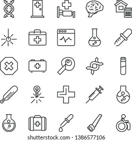 thin line vector icon set - mark of injury vector, first aid kit, plus, mercury thermometer, bag a paramedic, medical, arm saw, estimate, cardiogram, round flask, outdoor, test tube, dna, brain