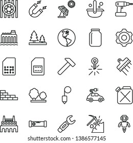 thin line vector icon set - brick wall vector, cogwheel, cordless drill, construction level, plummet, spatula, hammer, big solar panel, coal mining, planet Earth, hydroelectricity, trees, forest