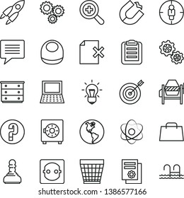 thin line vector icon set - image of thought vector, wicker pot, zoom, question, chest drawers, baby bib, concrete mixer, delete page, strongbox, planet Earth, power socket, gears, horseshoe magnet