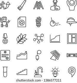 thin line vector icon set - window vector, arm saw, ladder, saving light bulb, building level, helmet, plummet, kitchen faucet, core, test tube, molecule, scientist, growth graph, robot, sun panel