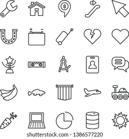 thin line vector icon set - house vector, repair key, pie chart, building level, heart, broken, small fish, bananas, carrot, barrel, accumulator, notebook pc, cursor, drawing compass, lunar rover