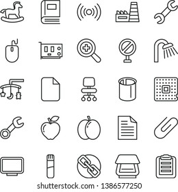 thin line vector icon set - prohibition vector, scribbled paper, spectacles, zoom, toys over the cradle, small rocking horse, shower, clip, apple, red, thermal power plant, processor, pipes, mouse