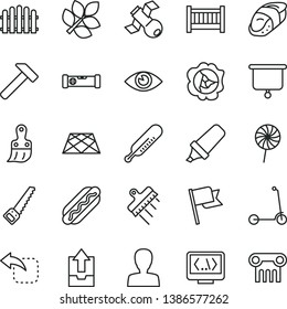 thin line vector icon set - woman vector, upload archive data, baby cot, mercury thermometer, child Kick scooter, arm saw, plastic brush, construction level, spatula, hedge, pavement, hammer, eye