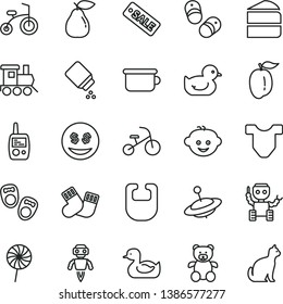 thin line vector icon set - baby powder vector, bib, Child T shirt, rubber duck, duckling, warm socks, toy mobile phone, children's potty, teddy bear, hairdo, train, yule, bicycle, tricycle, pear