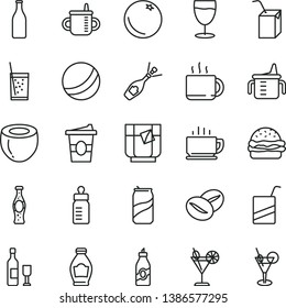 thin line vector icon set - mug for feeding vector, measuring cup, bottle, bath ball, e, packing of juice with a straw, coffee, burger, beans, tea, coffe to go, glass soda, cocktail, can, orange