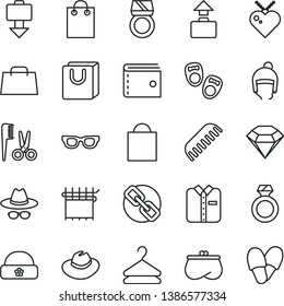 thin line vector icon set - paper bag vector, purse, spectacles, hat, with glasses, accessories for a hairstyle, comb, shoes little children, winter, warm, handles, folded shirt, hanger, hand, ring