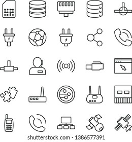 thin line vector icon set - Puzzle vector, big data, phone call, plug, electric, SIM, connection, scheme, dispatcher, mobile, usb, router, network, browser, connect, lan connector, wireless