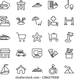 thin line vector icon set - train vector, car baggage, sail boat, rope barrier, security gate, passort control, atm, credit card, hotel, boungalow, arnchair under umbrella, palm tree, aquapark, cart