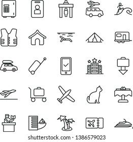 thin line vector icon set - plane vector, car baggage, camper, security gate, passort control, ticket, phone registration, rolling case, getting, departure, hotel, boungalow, tent, beach, palm tree