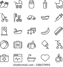 thin line vector icon set - heart symbol vector, first aid kit, toys over the cot, measuring cup for feeding, bottle, powder, baby, stroller, carriage, summer, sitting, bath ball, comb, warm socks