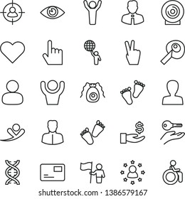 thin line vector icon set - woman vector, footprints, children's tracks, employee, heart, index finger, eye, pass card, lens, man, in sight, get a wage, dna, bactery, artifical insimination, flag