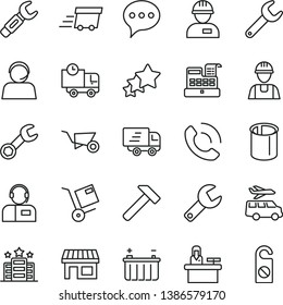 thin line vector icon set - repair key vector, builder, workman, building trolley, hammer, speech, delivery, phone call, operator, shipment, battery, pipes, steel, stall, urgent cargo, Express