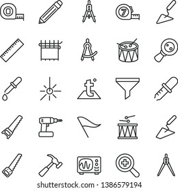 thin line vector icon set - graphite pencil vector, yardstick, zoom, wind direction indicator, drumroll, drum, trowel, building, cordless drill, hand saw, arm, measuring tape, long meashuring