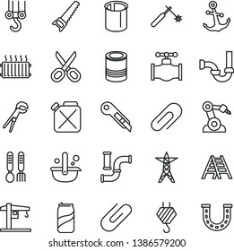 thin line vector icon set - scissors vector, clip, iron fork spoons, crane, hook, winch, adjustable wrench, hand saw, ladder, sewerage, stationery knife, anchor, tin, soda can, valve, water pipes