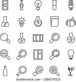 thin line vector icon set - matte light bulb vector, zoom, out, measuring cup for feeding, window, frame, interroom door, magnifier, bottle of soda, jam, round flask, mercury, Glass, magnifying