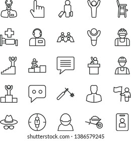 thin line vector icon set - image of thought vector, hat with glasses, a chair for feeding child, builder, garden trolley, index finger, operator, racer, welding, woman, goal, think, conversation