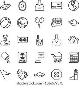 thin line vector icon set - mark of injury vector, wind direction indicator, baby powder, carriage, bath ball, toy phone, yule, colored air balloons, passport, put in a box, planet, move down, Earth