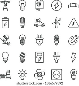 thin line vector icon set - matte light bulb vector, concrete mixer, saving, lightning, dangers, fan screw, charging battery, wind energy, power pole, plug, electric, socket, thermal plant, mercury