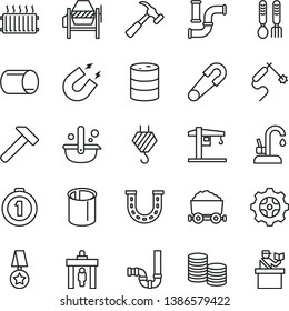 thin line vector icon set - safety pin vector, iron fork spoons, crane, hook, concrete mixer, siphon, kitchen faucet, hammer, with claw, water pipes, barrel, gear, pipe, gas welding, metallurgy