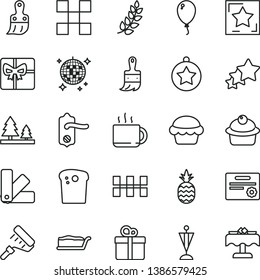 thin line vector icon set - balloon vector, paint roller, color samples, plastic brush, wooden, door knob, tile, ceramic tiles, gift, Easter cake, muffin, slice, cup of tea, a pineapple, forest