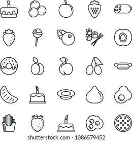 thin line vector icon set - cake vector, sausage, mini hot dog, torte, glazed with a hole, plate of milk, Chupa Chups, fried potato slices, sushi set, egg, omelette, blueberries, strawberry, apple