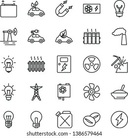 thin line vector icon set - incandescent lamp vector, dangers, radiator, bulb, a bowl of buckwheat porridge, coffee beans, marine propeller, working oil derrick, coal mining, manufacture, power line