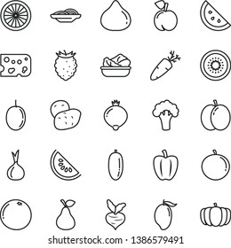 thin line vector icon set - piece of cheese vector, slices onion, lettuce in a plate, carrot, pear, orange slice, peach, apple, fig, medlar, tasty raspberry, water melon, mango, date fruit, passion