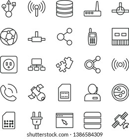 thin line vector icon set - Puzzle vector, power socket type b, phone call, electric plug, SIM card, connection, connections, scheme, dispatcher, mobile, usb, router, network, browser, connect