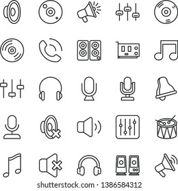 thin line vector icon set - bell vector, desktop microphone, loudspeaker, silent mode, drum, headphones, music, CD, regulator, volume, no sound, phone call, pc card, speaker, note, settings